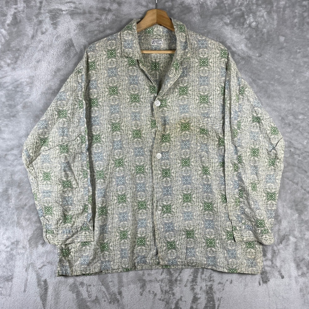 Vintage 50s 60s Sanforized Shirt Mens XL Green Blue Paisley Geometric Button Up